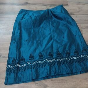 Vtg Y2k Teal Embroidered Skirt Silk Sz M